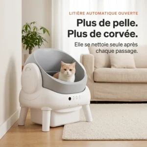 Litière automatique ouverte easycat avec un chat assis dans la cuve, posée dans un salon