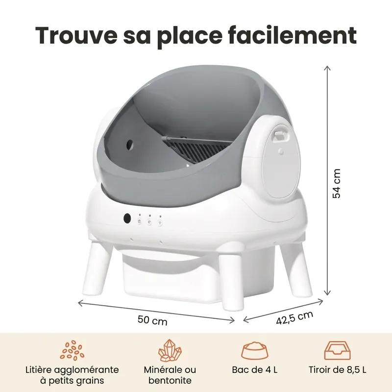 Dimensions de la litière automatique ouverte easycat : 50 cm de large, 42,5 cm de profondeur et 54 cm de haut