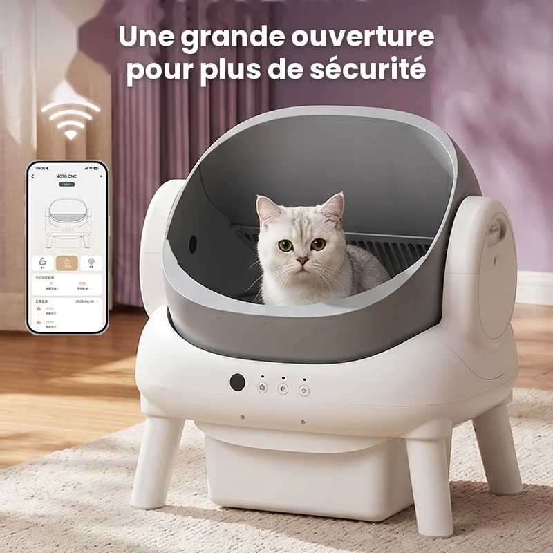 Litière automatique ouverte easycat avec un chat installé dans la cuve