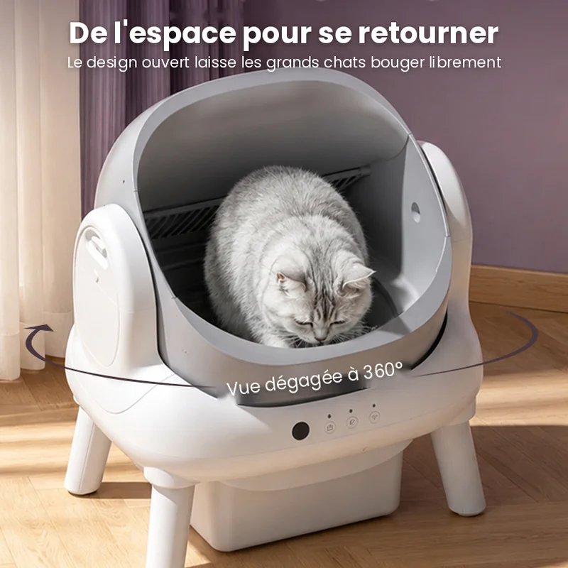 Chat couché dans la cuve ouverte de la litière easycat, avec assez d’espace pour se retourner