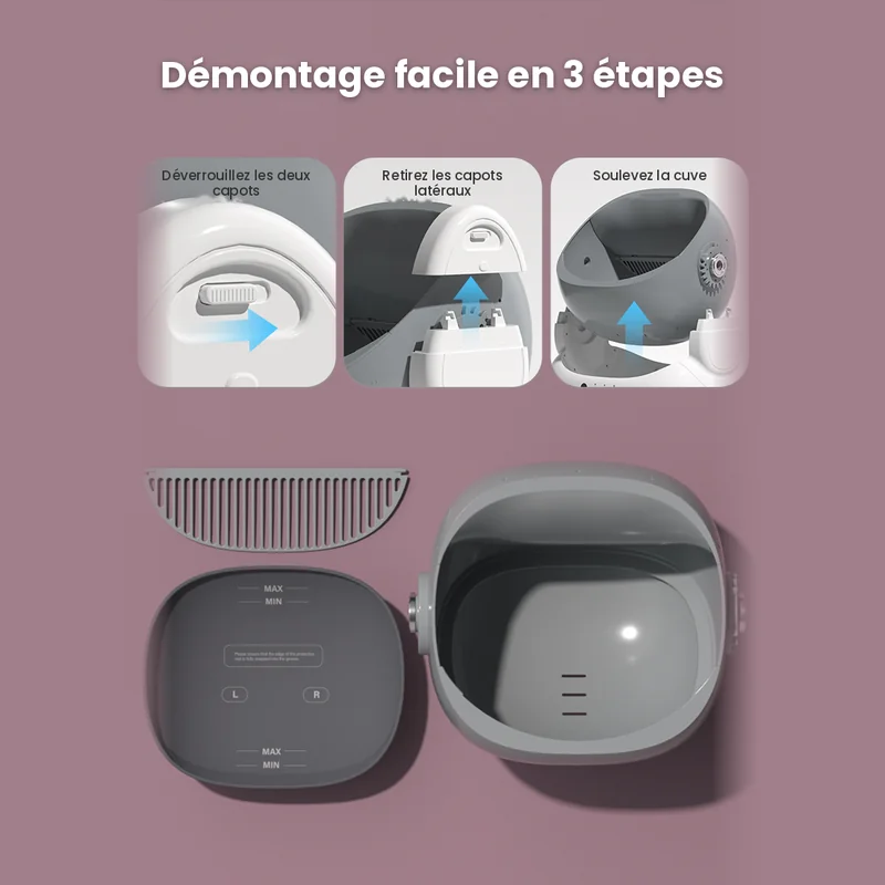 Démontage de la litière automatique easycat en 3 étapes, sans outils